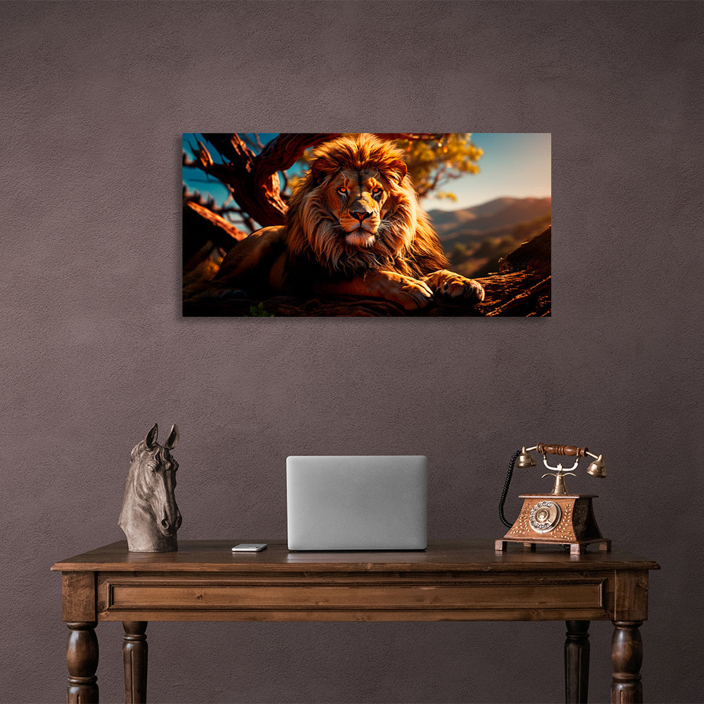 A lion lying by a tree Canvas Wall Art Print