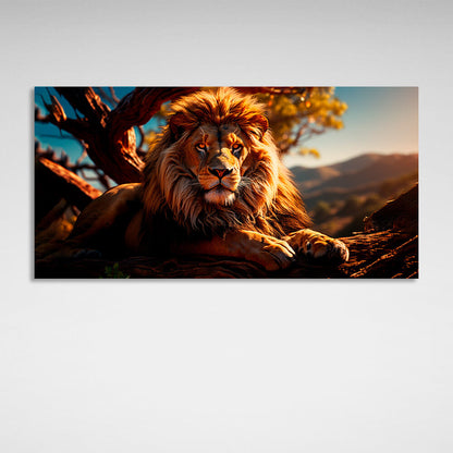 A lion lying by a tree Canvas Wall Art Print