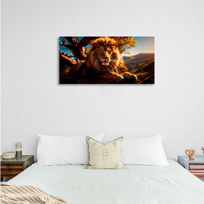 A lion lying by a tree Canvas Wall Art Print