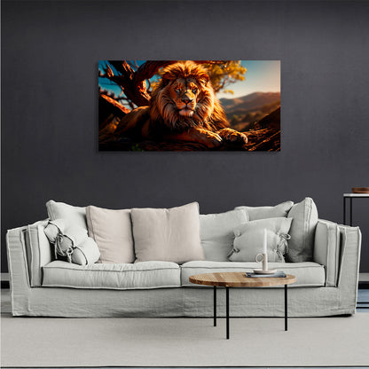 A lion lying by a tree Canvas Wall Art Print