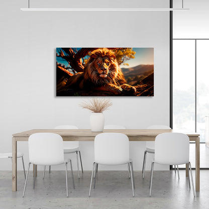 A lion lying by a tree Canvas Wall Art Print