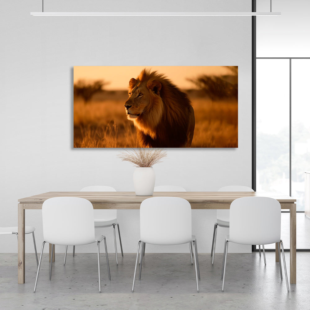 A lion in the savannah Canvas Wall Art Print