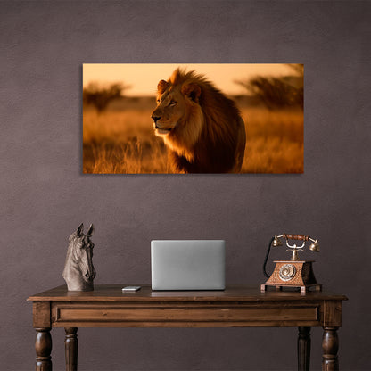 A lion in the savannah Canvas Wall Art Print