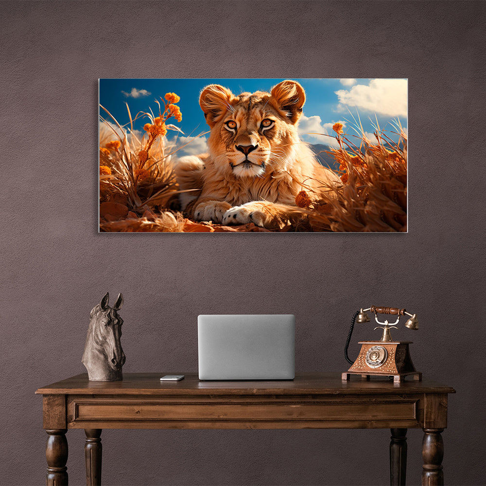 A young lion in the dry grass Canvas Wall Art Print