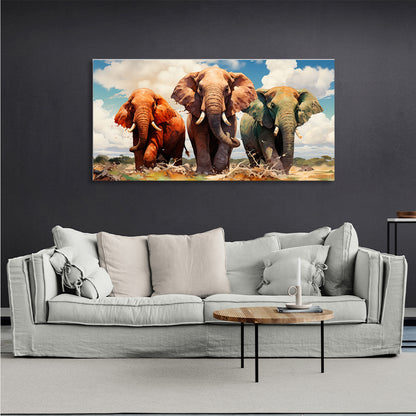 Three elephants on the savannah Canvas Wall Art Print