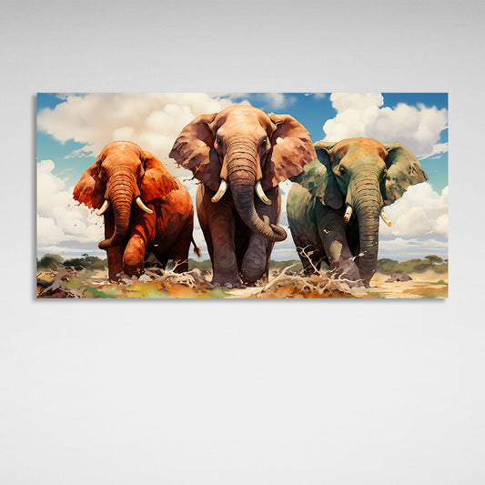 Three elephants on the savannah Canvas Wall Art Print