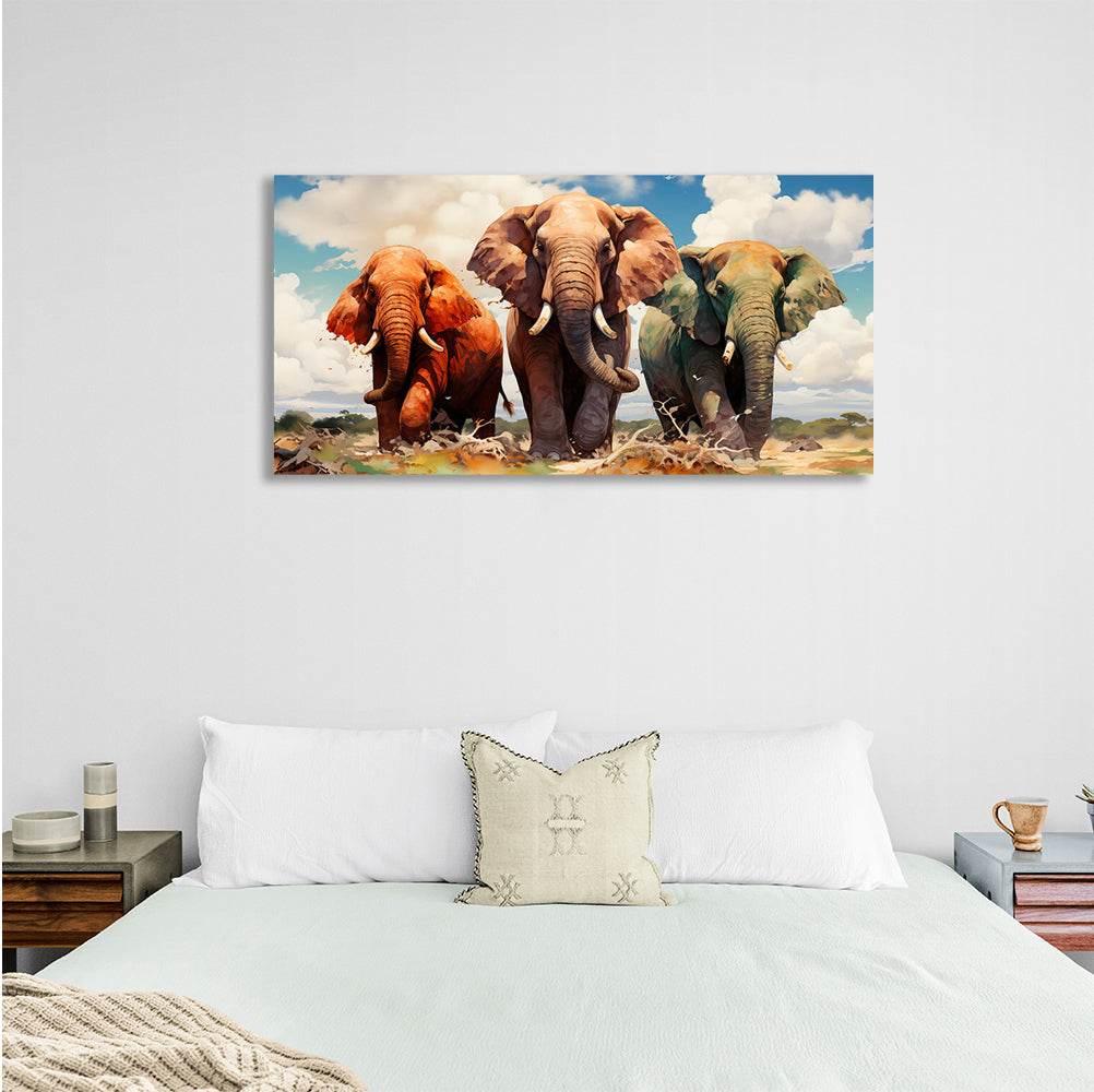 Three elephants on the savannah Canvas Wall Art Print