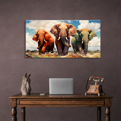 Three elephants on the savannah Canvas Wall Art Print