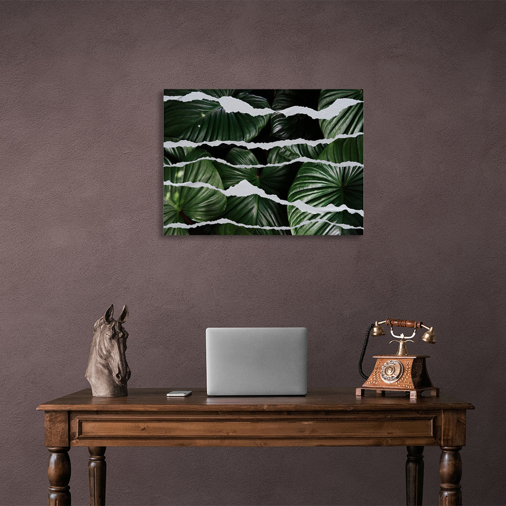 Interior green leaves on torn canvas Canvas Wall Art Print