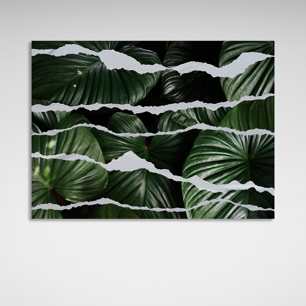 Interior green leaves on torn canvas Canvas Wall Art Print