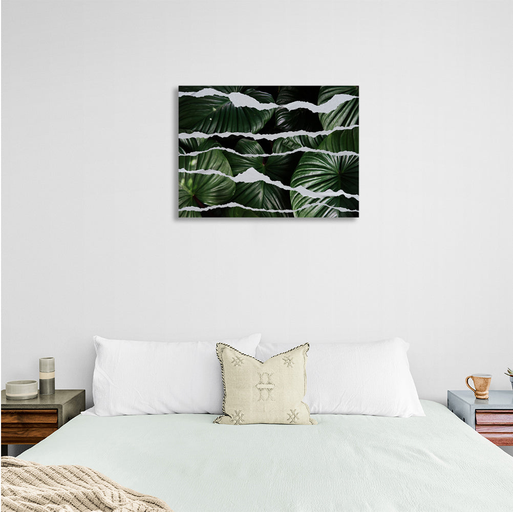 Interior green leaves on torn canvas Canvas Wall Art Print