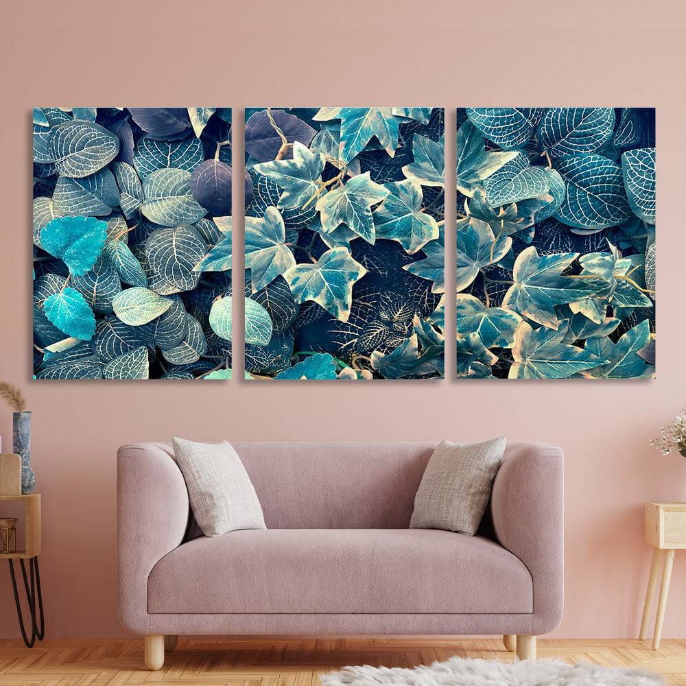 Blue ivy and fittoni leaves Multi Panel Canvas Wall Art Print