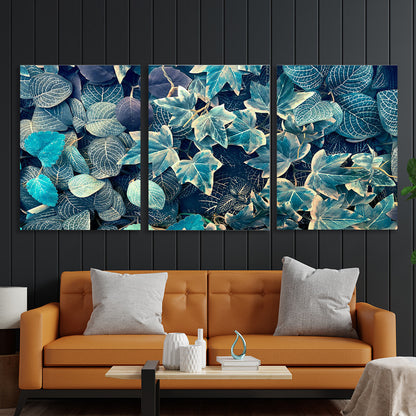 Blue ivy and fittoni leaves Multi Panel Canvas Wall Art Print