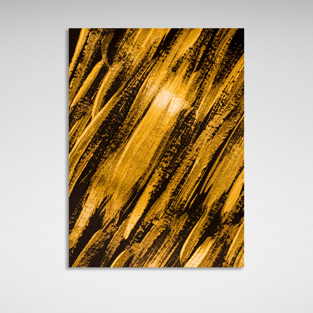 Abstract strokes of gold paint on a dark brown background Abstraction Canvas Wall Art Print