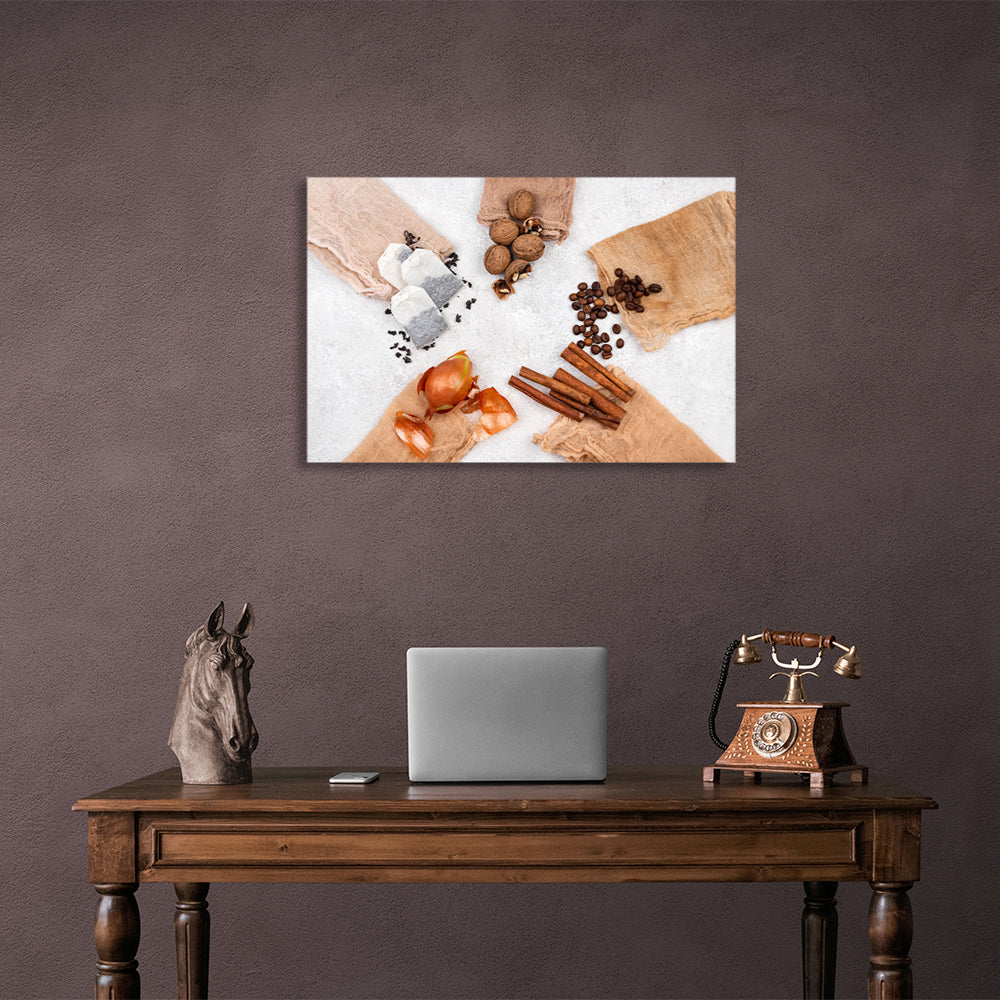 Tea, onion, cinnamon, coffee and nuts Canvas Wall Art Print For Kitchen