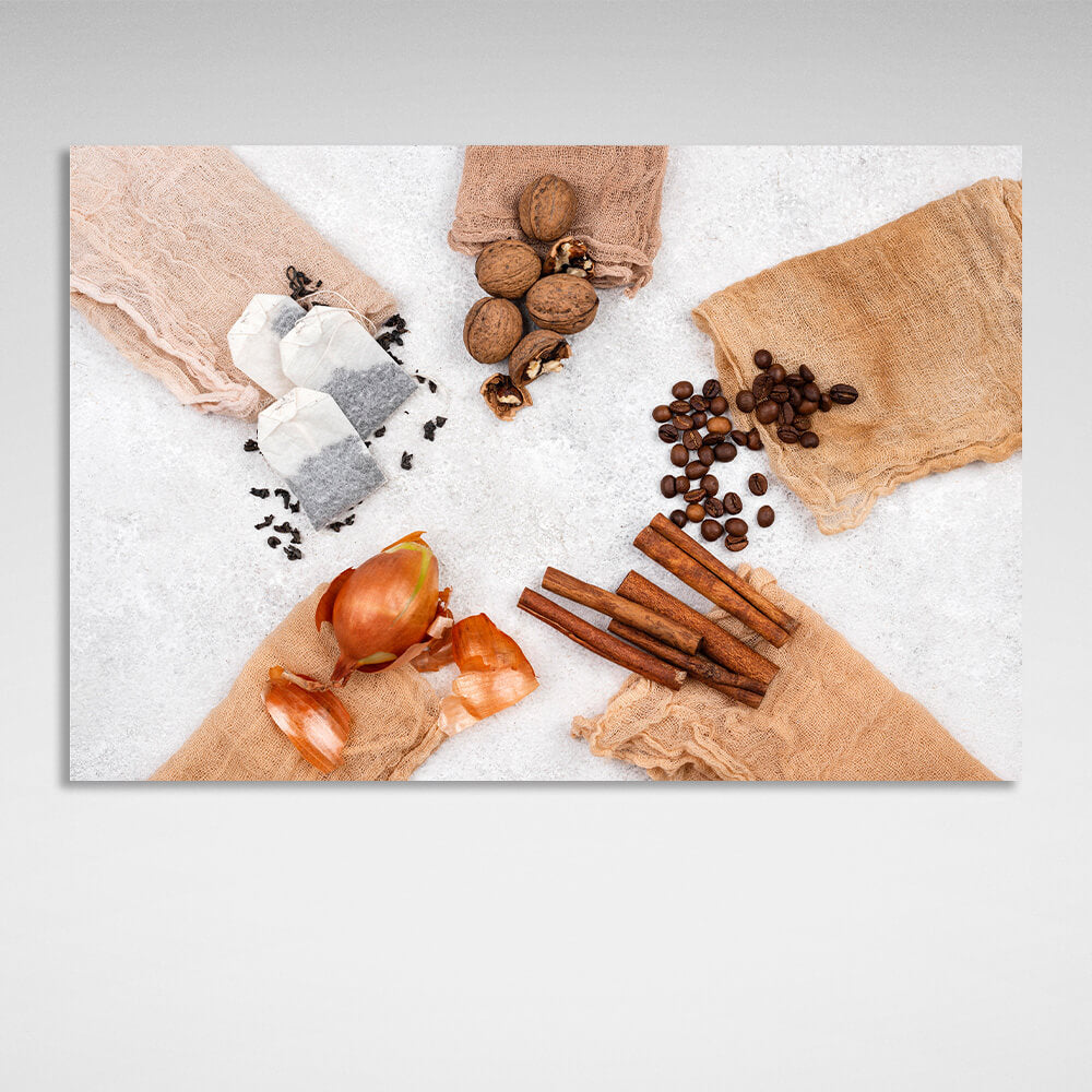 Tea, onion, cinnamon, coffee and nuts Canvas Wall Art Print For Kitchen