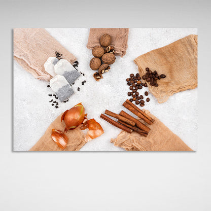 Tea, onion, cinnamon, coffee and nuts Canvas Wall Art Print For Kitchen