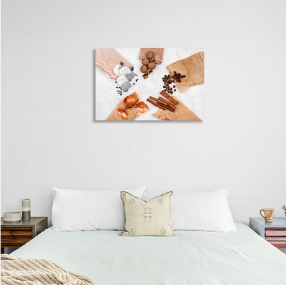 Tea, onion, cinnamon, coffee and nuts Canvas Wall Art Print For Kitchen