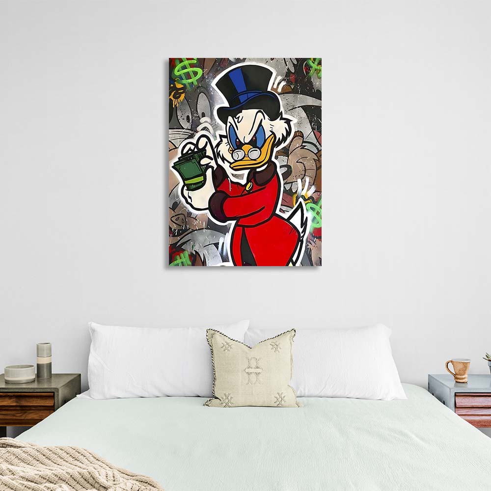 Scrooge with a wad of dollars Inspirational Canvas Wall Art Print