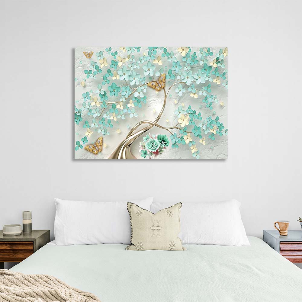 A tree with blue flowers Canvas Wall Art Print