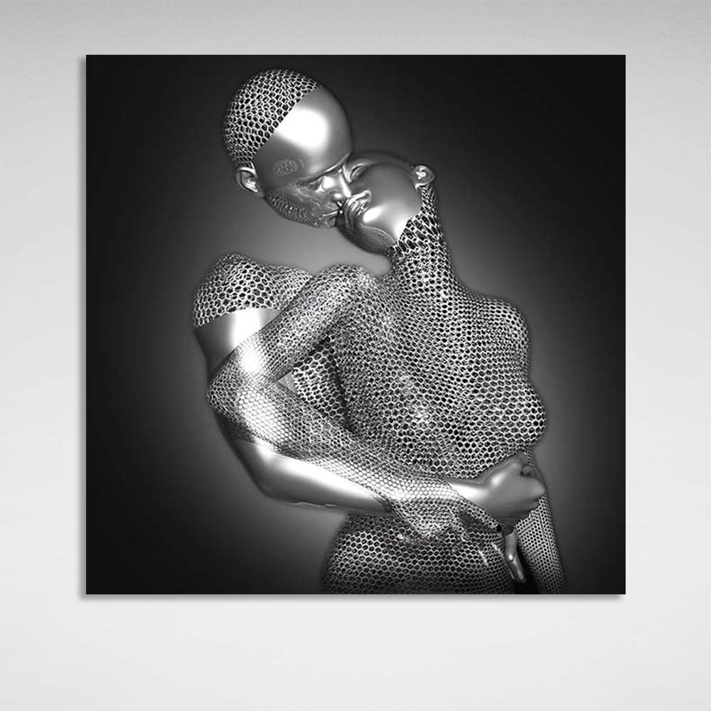 The embrace of two silver statues Canvas Wall Art Print For Bedroom