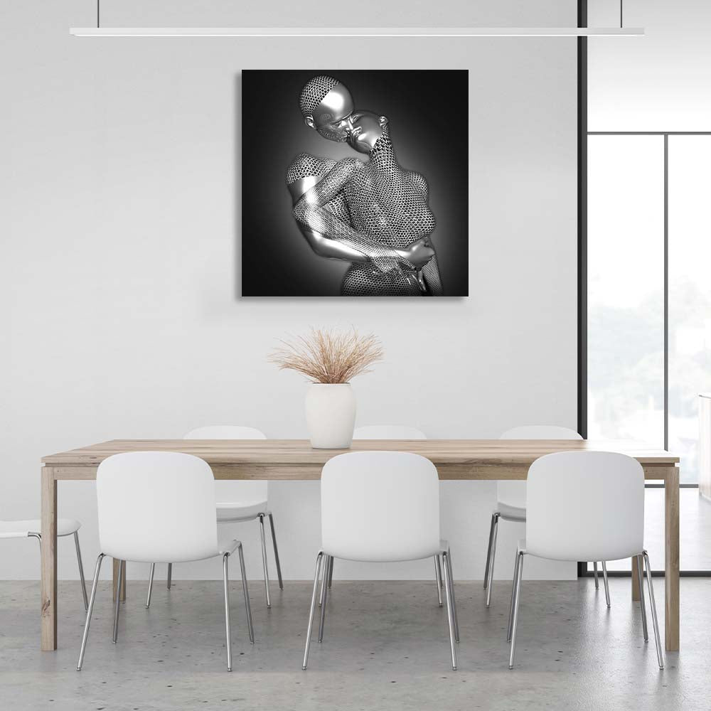 The embrace of two silver statues Canvas Wall Art Print For Bedroom