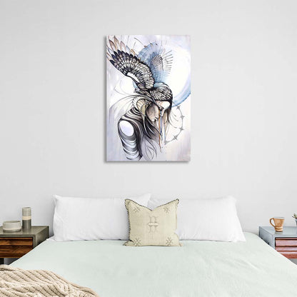 Painted girl with a bird Canvas Wall Art Print