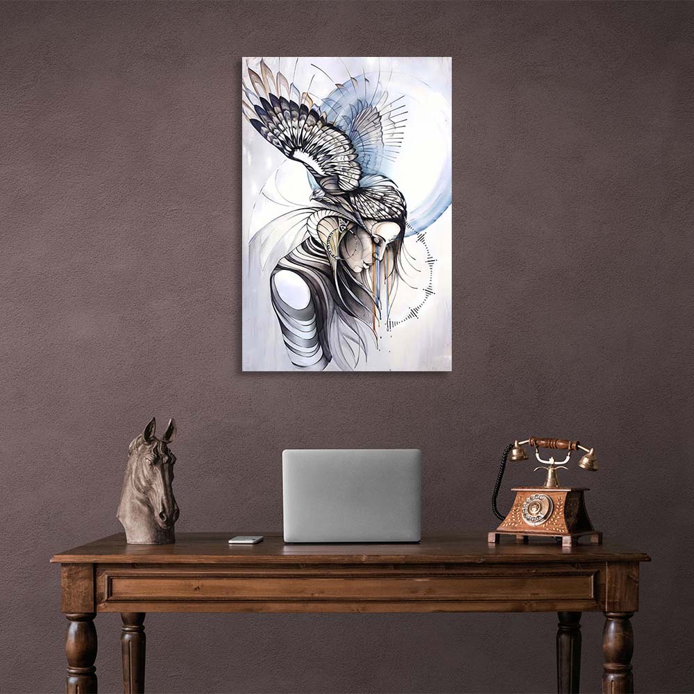 Painted girl with a bird Canvas Wall Art Print