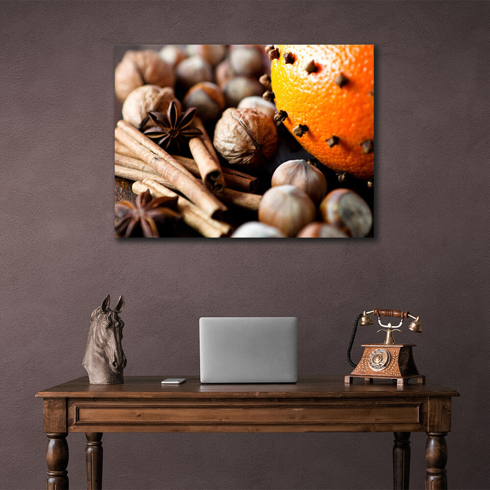 For the kitchen Nuts, orange and cinnamon Canvas Wall Art Print