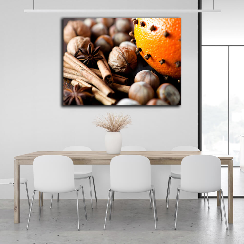 For the kitchen Nuts, orange and cinnamon Canvas Wall Art Print