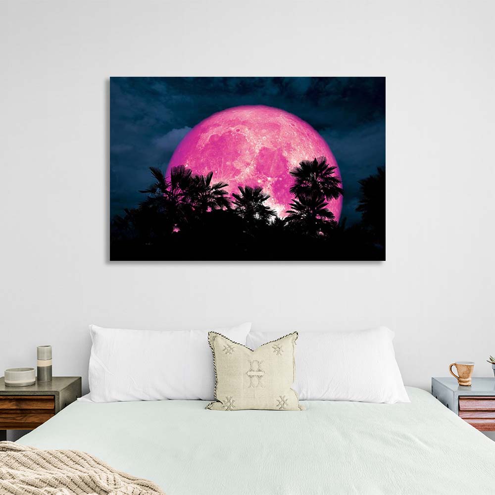 Tropical forest on the background of the pink moon Canvas Wall Art Print