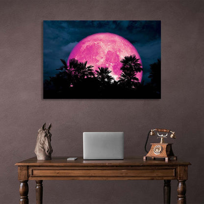 Tropical forest on the background of the pink moon Canvas Wall Art Print