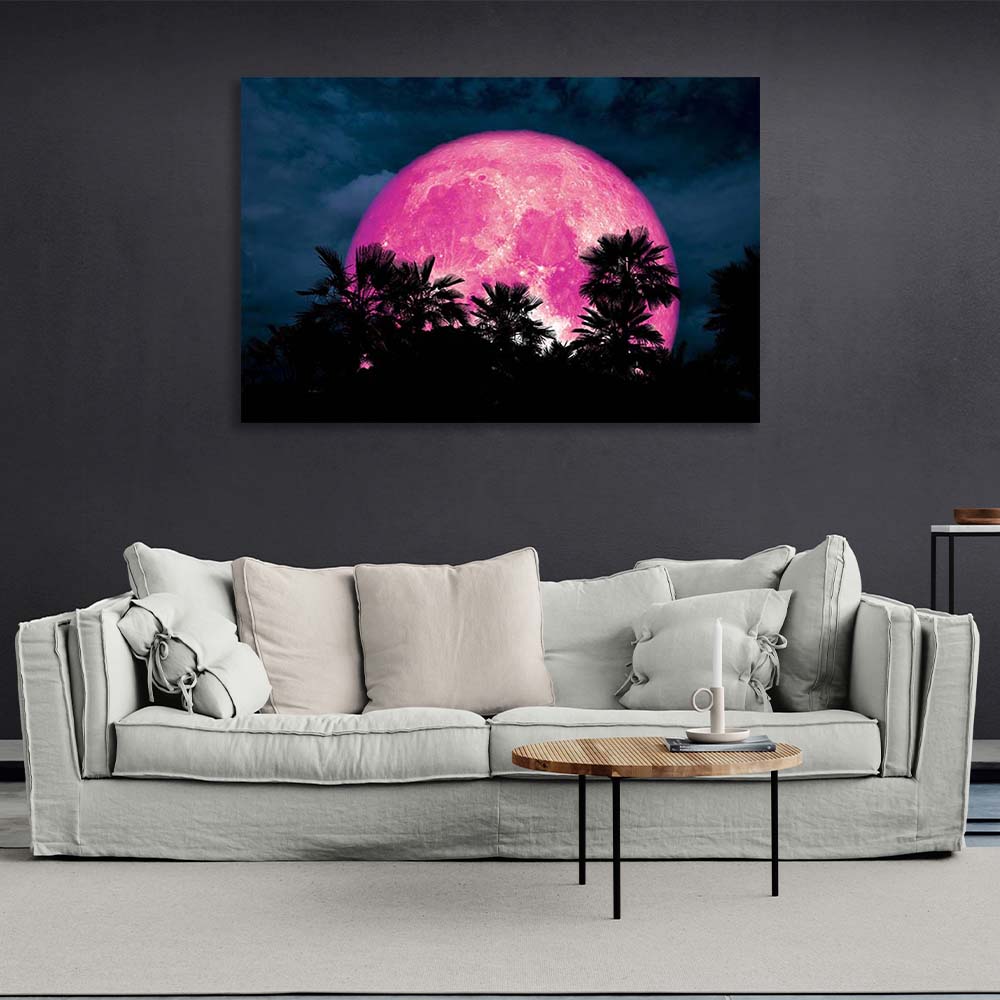 Tropical forest on the background of the pink moon Canvas Wall Art Print