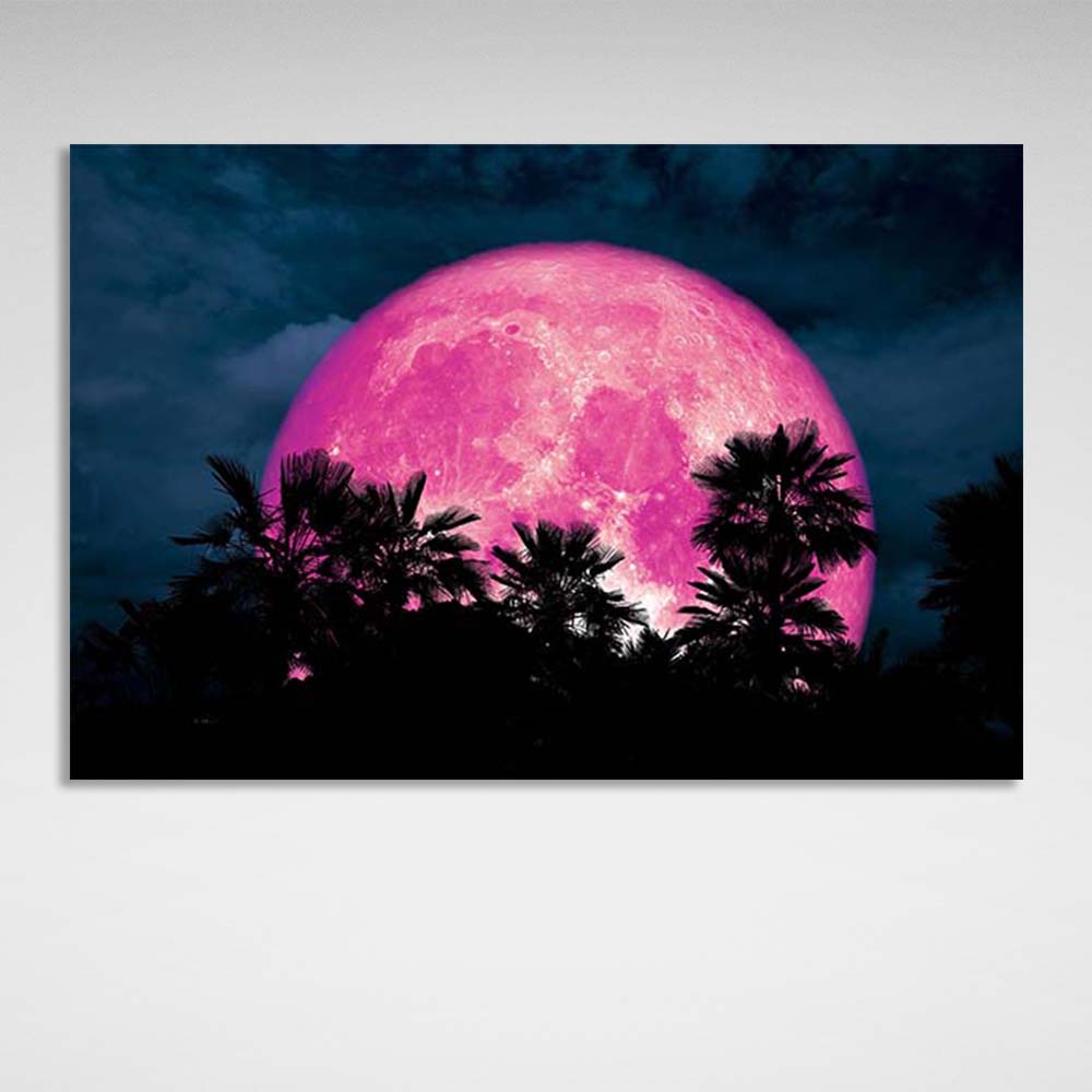 Tropical forest on the background of the pink moon Canvas Wall Art Print