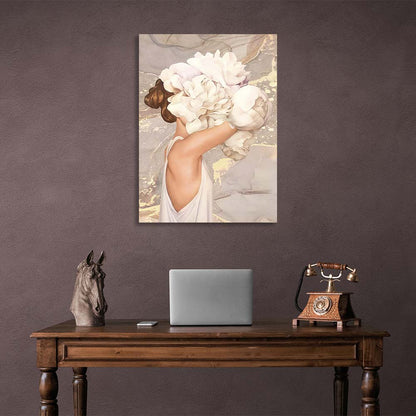 Girl with flowers on her head on a beige background Canvas Wall Art Print