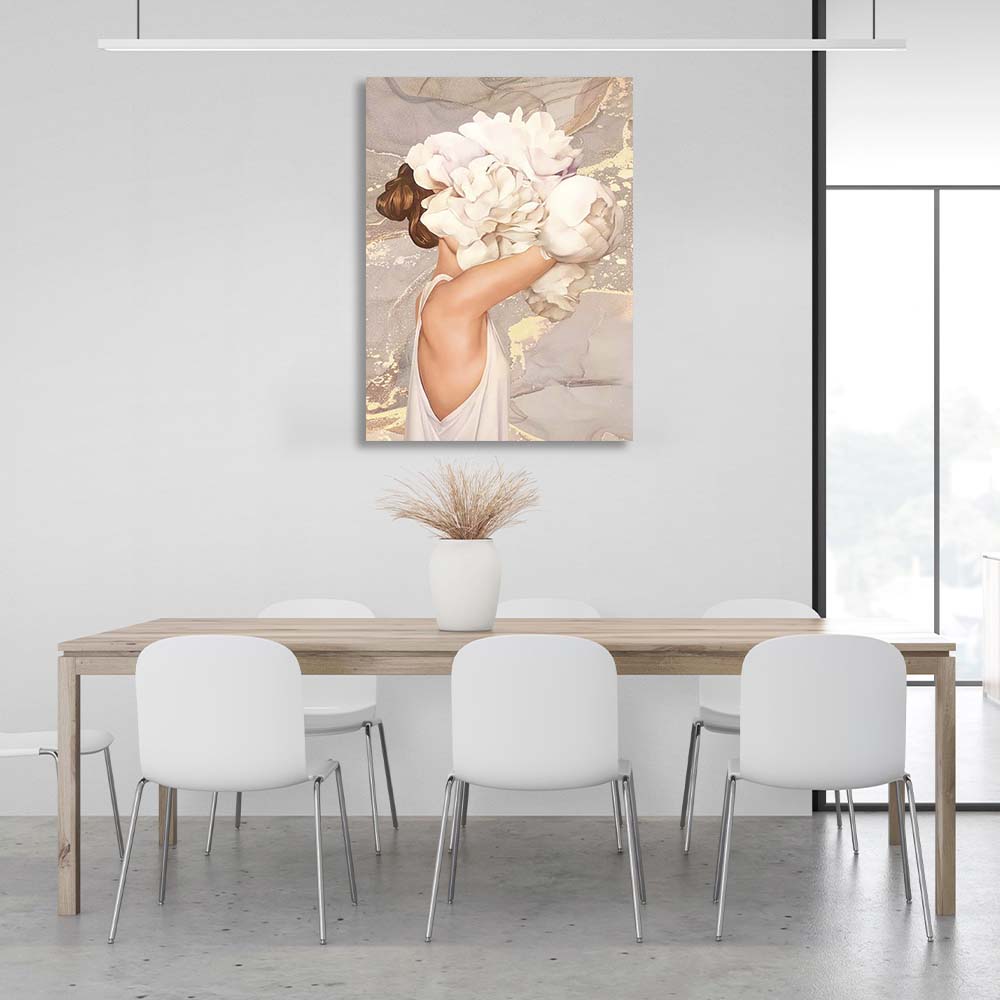 Girl with flowers on her head on a beige background Canvas Wall Art Print