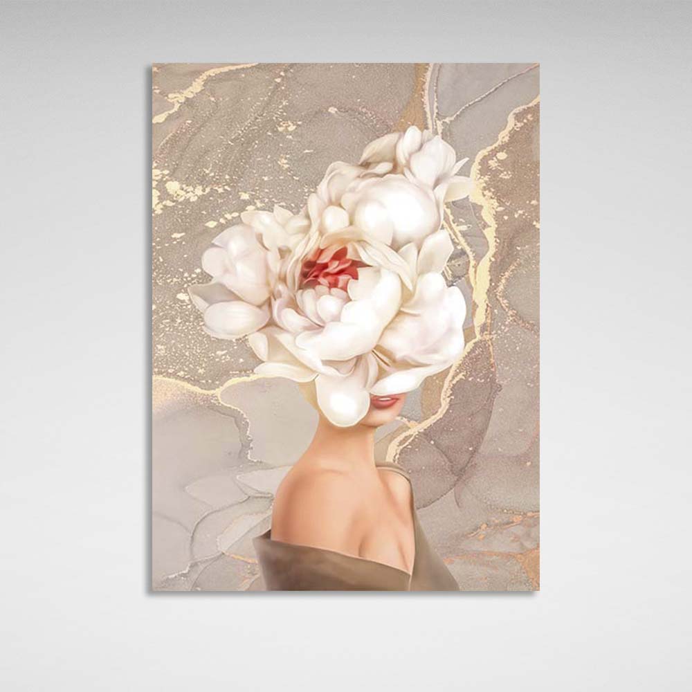 Girl with a flower on her head in beige colors Canvas Wall Art Print