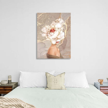 Girl with a flower on her head in beige colors Canvas Wall Art Print