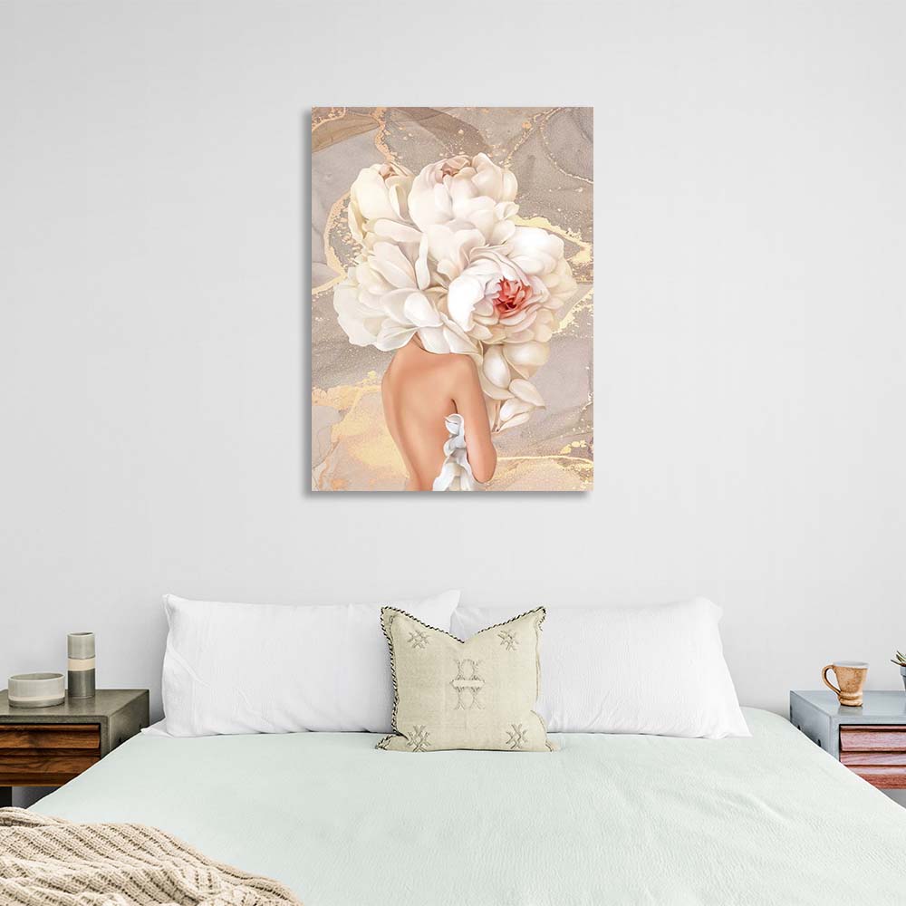 Girl with flowers on her head in nude colors Canvas Wall Art Print