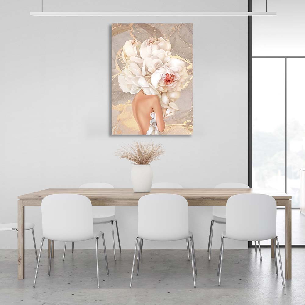 Girl with flowers on her head in nude colors Canvas Wall Art Print