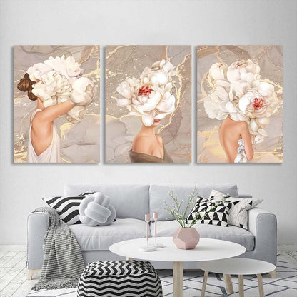 Girls with flowers on their heads in nude colors Multi Panel Canvas Wall Art Print