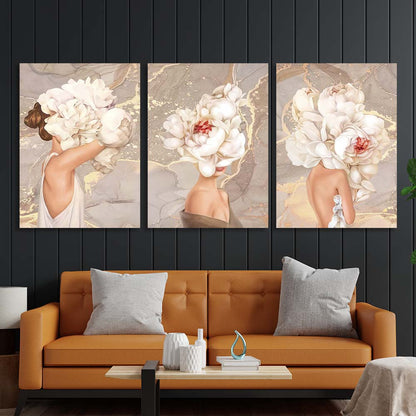 Girls with flowers on their heads in nude colors Multi Panel Canvas Wall Art Print