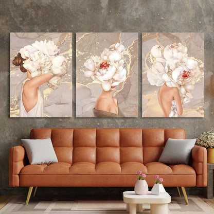 Girls with flowers on their heads in nude colors Multi Panel Canvas Wall Art Print