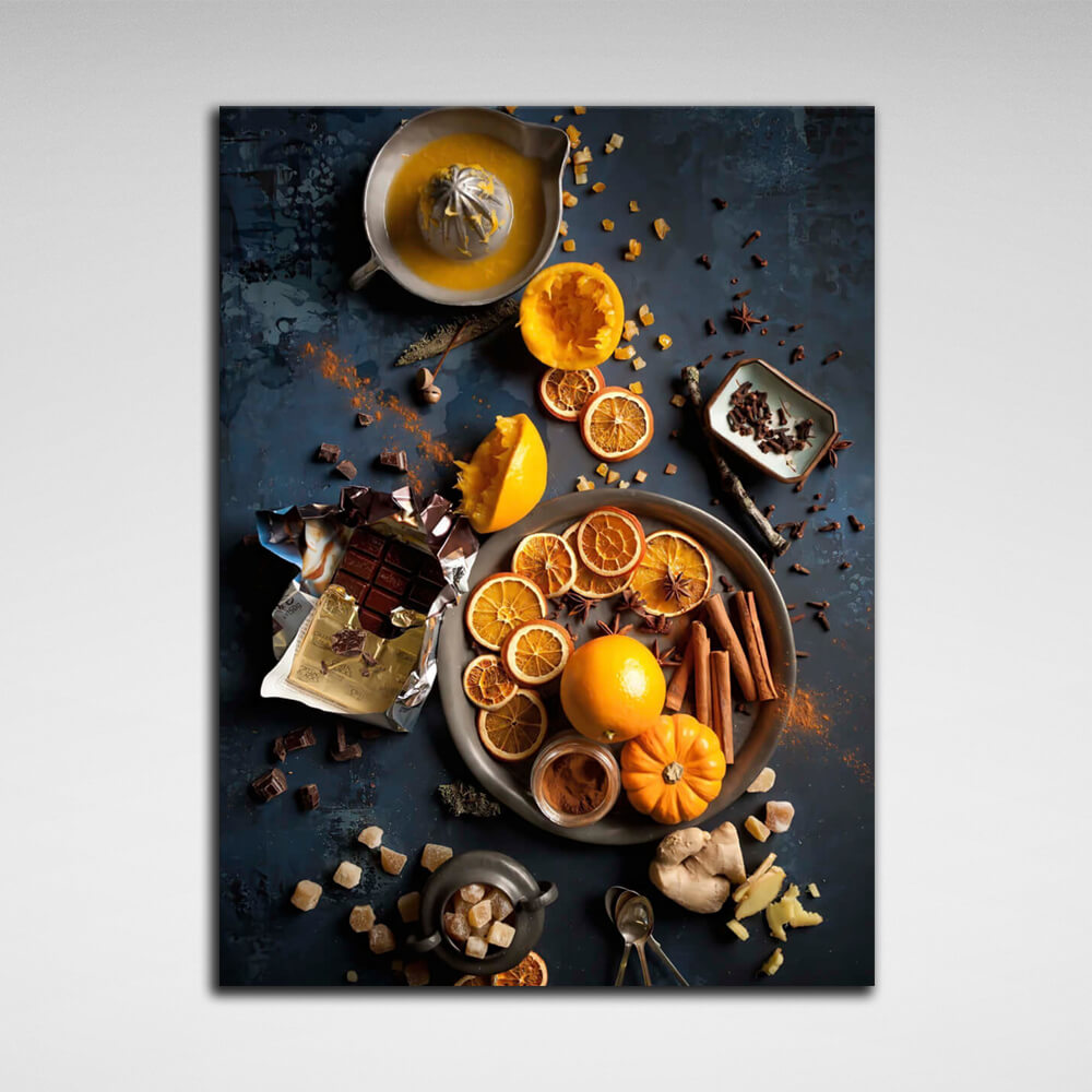 For the kitchen Oranges, chocolate, cinnamon Canvas Wall Art Print