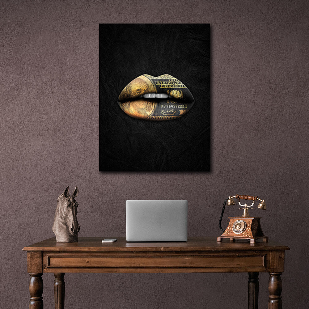 Lips of gold with a dollar Motivational Canvas Wall Art Print