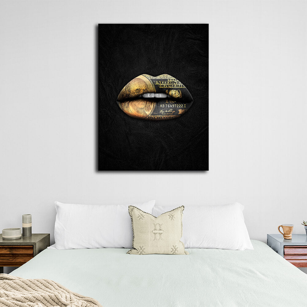 Lips of gold with a dollar Motivational Canvas Wall Art Print