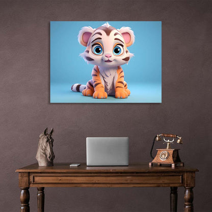 Canvas Wall Art Print Tiger cub with blue eyes on a blue background