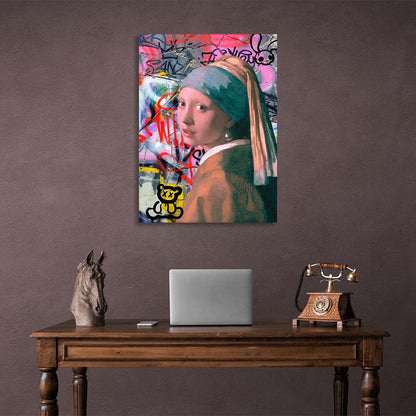 Canvas Wall Art Print Girl with a pearl earring on the background of the wall graffiti