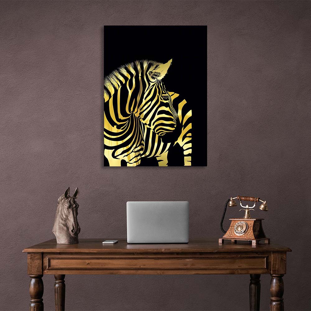 Canvas Wall Art Print Golden zebra 2 on black background