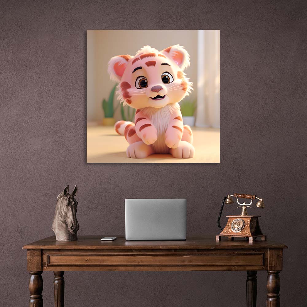 To the children's room A tiger cub against a background of indoor flowers Canvas Wall Art Print